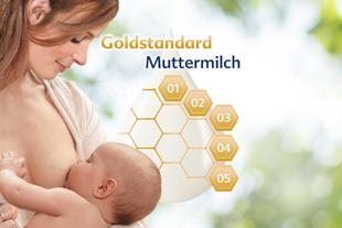 Stillende Mutter hält ihr Baby liebevoll im Arm, daneben Grafik zu wertvollen Inhaltsstoffen der Muttermilch