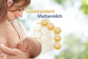 Stillende Mutter hält ihr Baby liebevoll im Arm, daneben Grafik zu wertvollen Inhaltsstoffen der Muttermilch