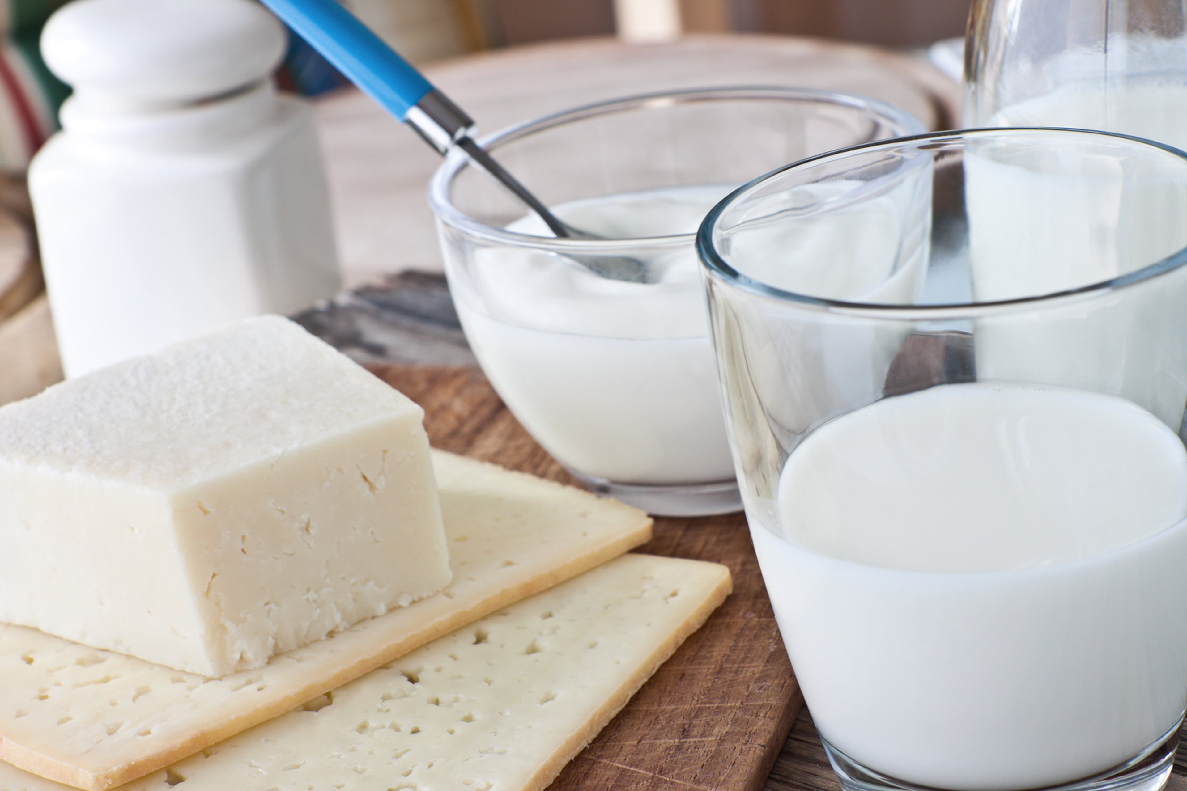 Verschiedene Milchprodukte, darunter Käse, Milch und Joghurt, auf einer rustikalen Holzfläche.