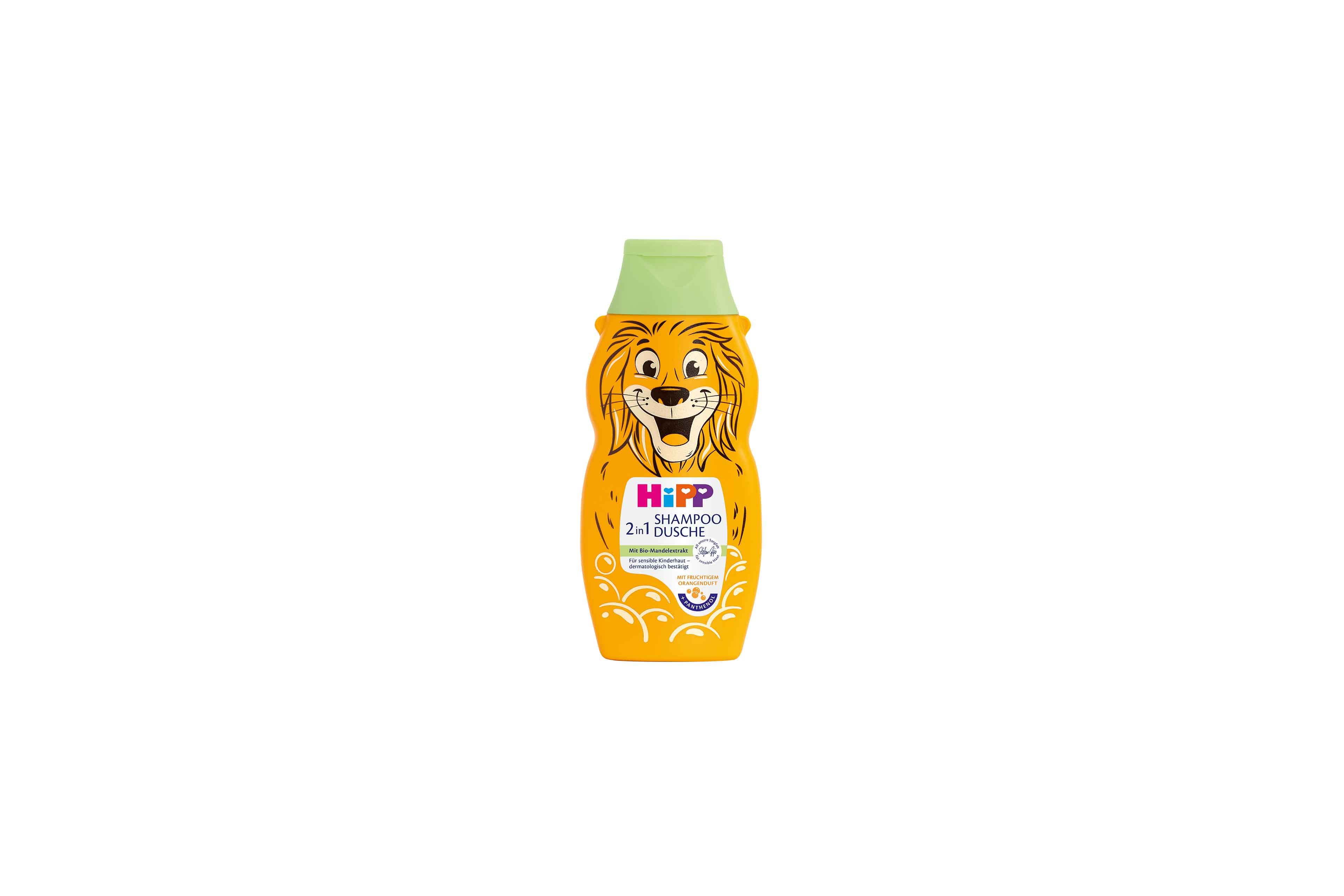 HiPP Shampoo & Dusche 2 in 1 in orangefarbener 300-ml-Flasche mit Löwenmotiv und grünem Deckel