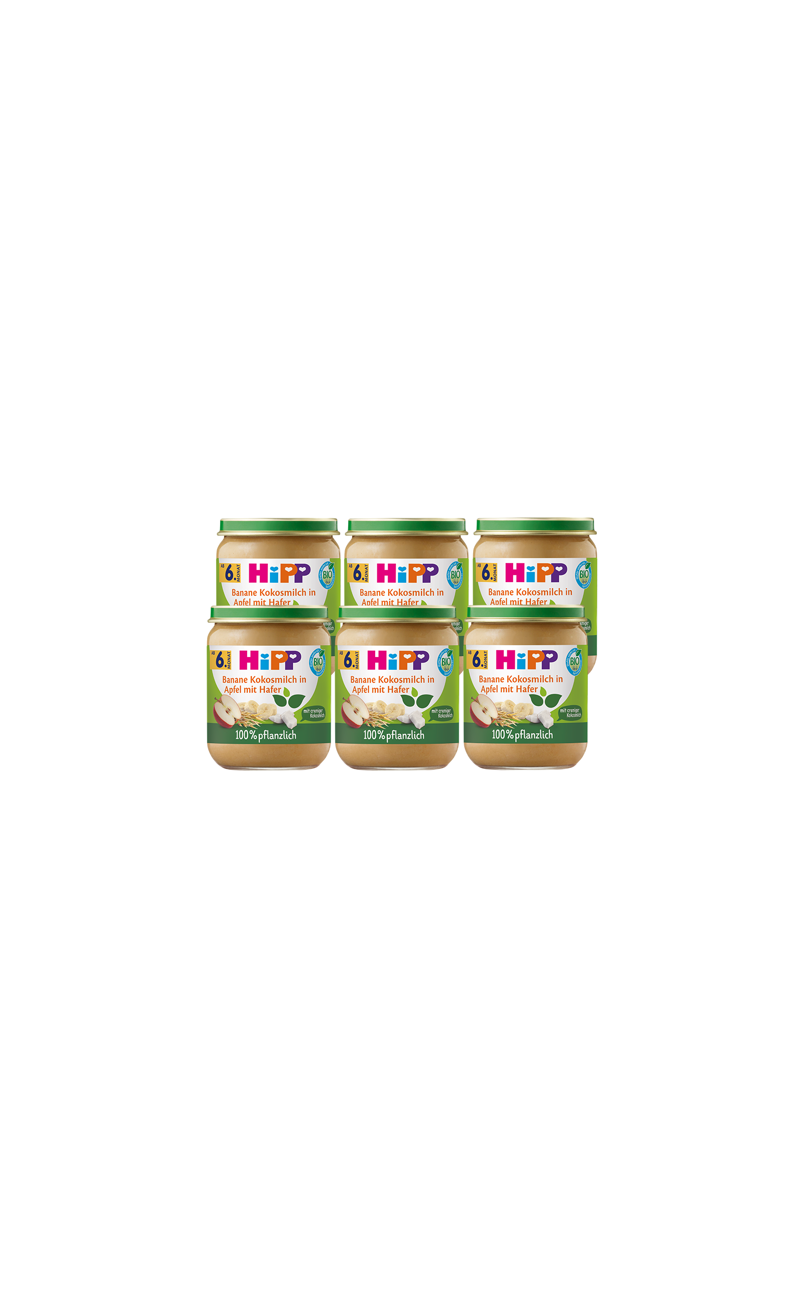 Sechserpack HiPP Bio-Gläschen Banane-Kokosmilch in Apfel mit Hafer, 100 % pflanzlich