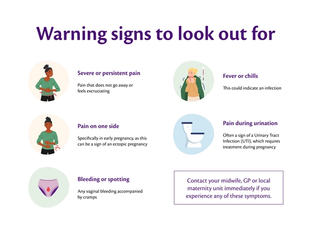 Pregnancy warning signs infographic by HiPP highlighting urgent symptoms: severe pain, vaginal bleeding with cramps, one-sided abdominal pain, fever or chills, and painful urination. Encourages contacting a midwife, GP, or maternity unit immediately for potential issues like ectopic pregnancy, infection, or UTI.