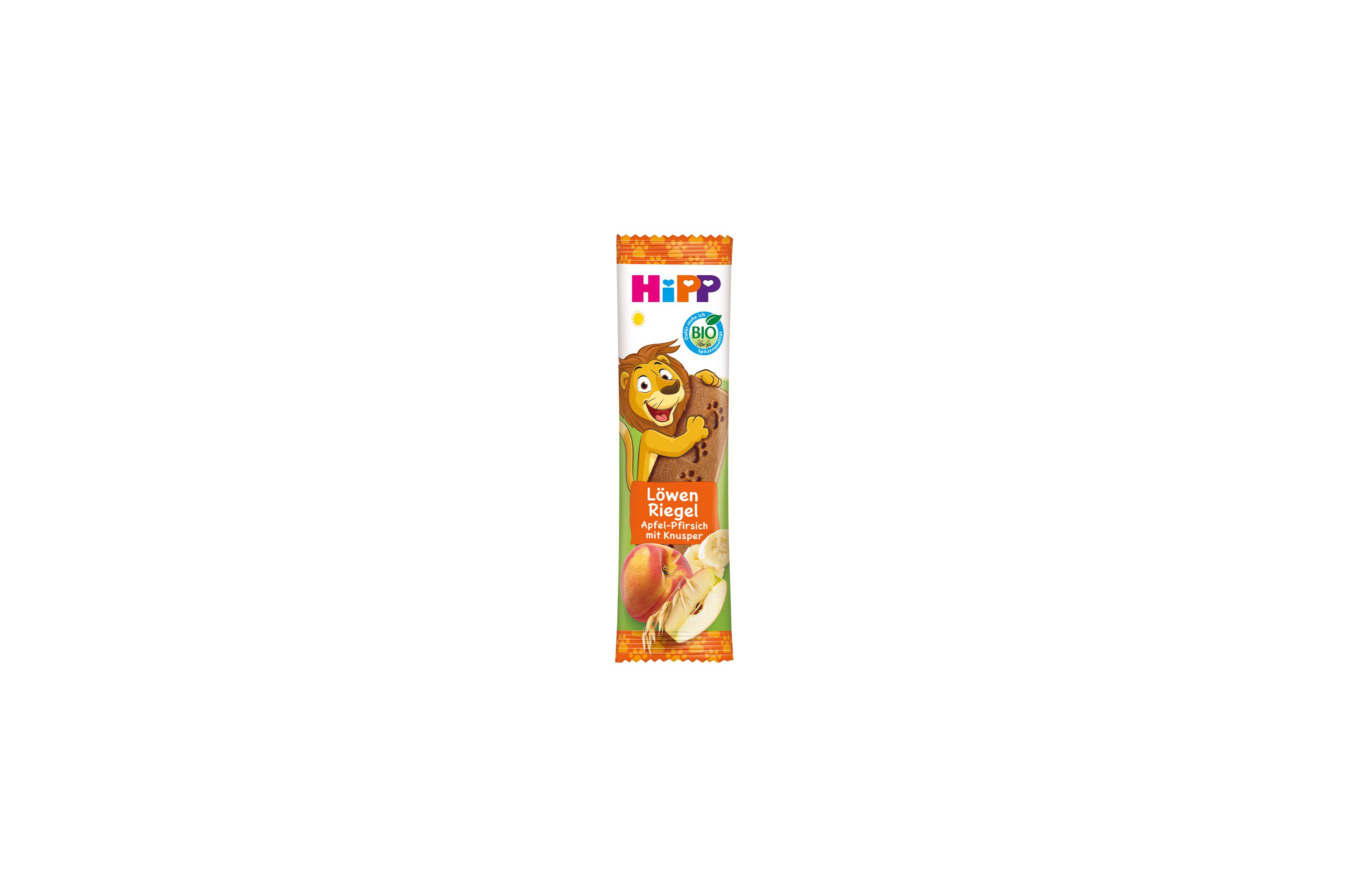 HiPP Löwe Müesli Riegel Hafer-Knusper Apfel-Pfirsich in bunter Kinderverpackung mit Löwenmotiv und Obstabbildung