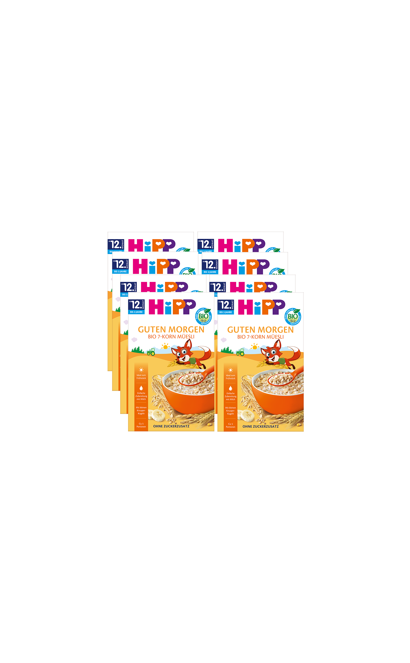 8er-Pack HiPP Guten Morgen Bio 7-Korn Müsli ab 12 Monaten, Vorderseite der Verpackungen auf schwarzem Hintergrund