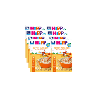 8er-Pack HiPP Guten Morgen Bio 7-Korn Müsli ab 12 Monaten, Vorderseite der Verpackungen auf schwarzem Hintergrund