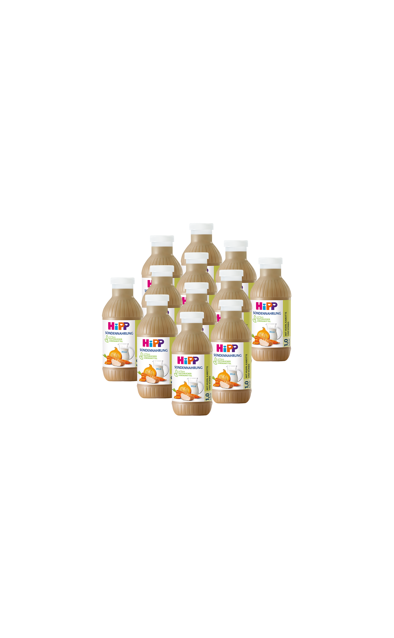 12er-Pack HiPP Bio-Sondennahrung in 500-ml-Flaschen mit Karotte-Motiv auf schwarzem Hintergrund