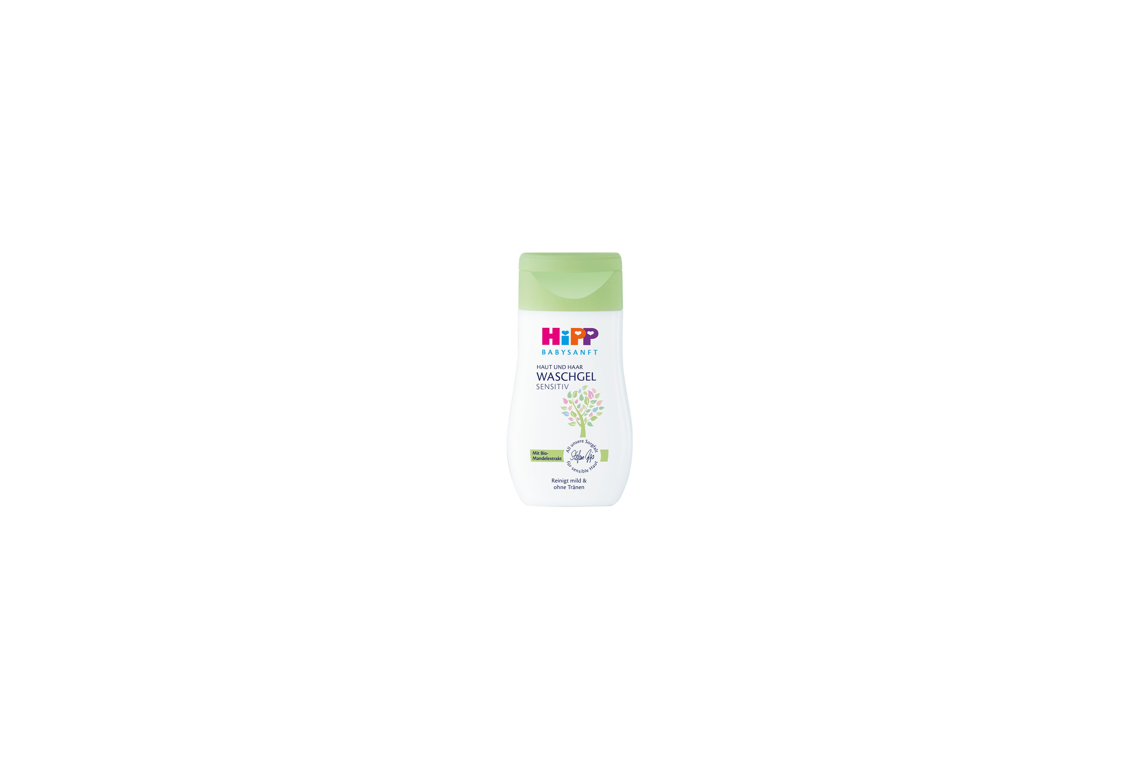 HiPP Babysanft Haut und Haar Waschgel Sensitiv Mini-Flasche mit grünem Deckel auf weißem Hintergrund