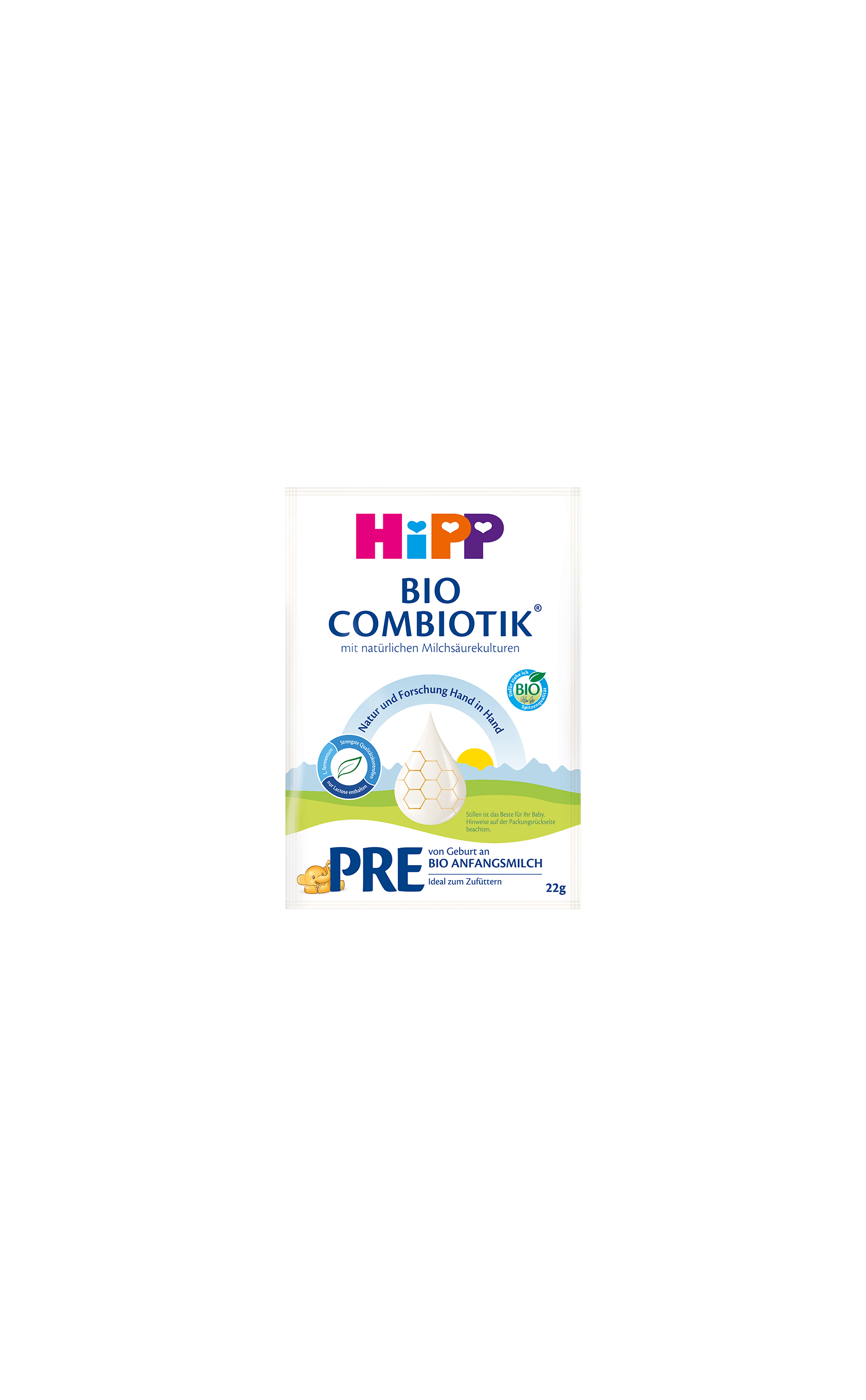 HiPP Pre Bio Combiotik Portionsbeutel mit Bio-Anfangsmilch, Frontansicht des einzelnen Portionsbeutels auf weißem Hintergrund