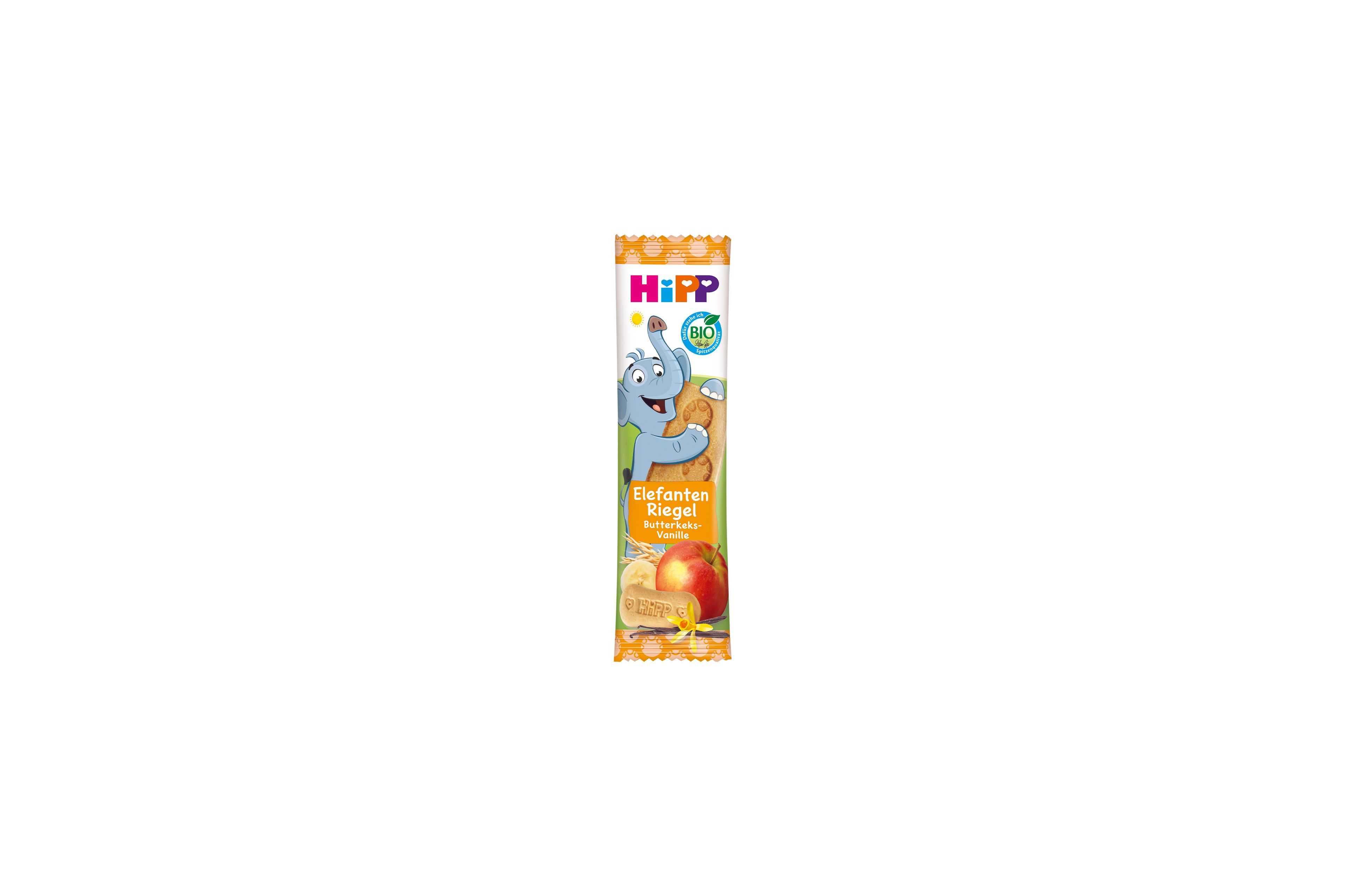 HiPP Elefant Müesli Riegel Butterkeks in Apfel-Vanille in bunter Kinderverpackung mit Elefantenmotiv auf weißem Hintergrund
