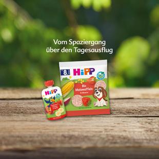 Packung Bio-Maiswaffeln und Quetschbeutel mit Erdbeergeschmack von HiPP auf Holztisch vor grünem Hintergrund