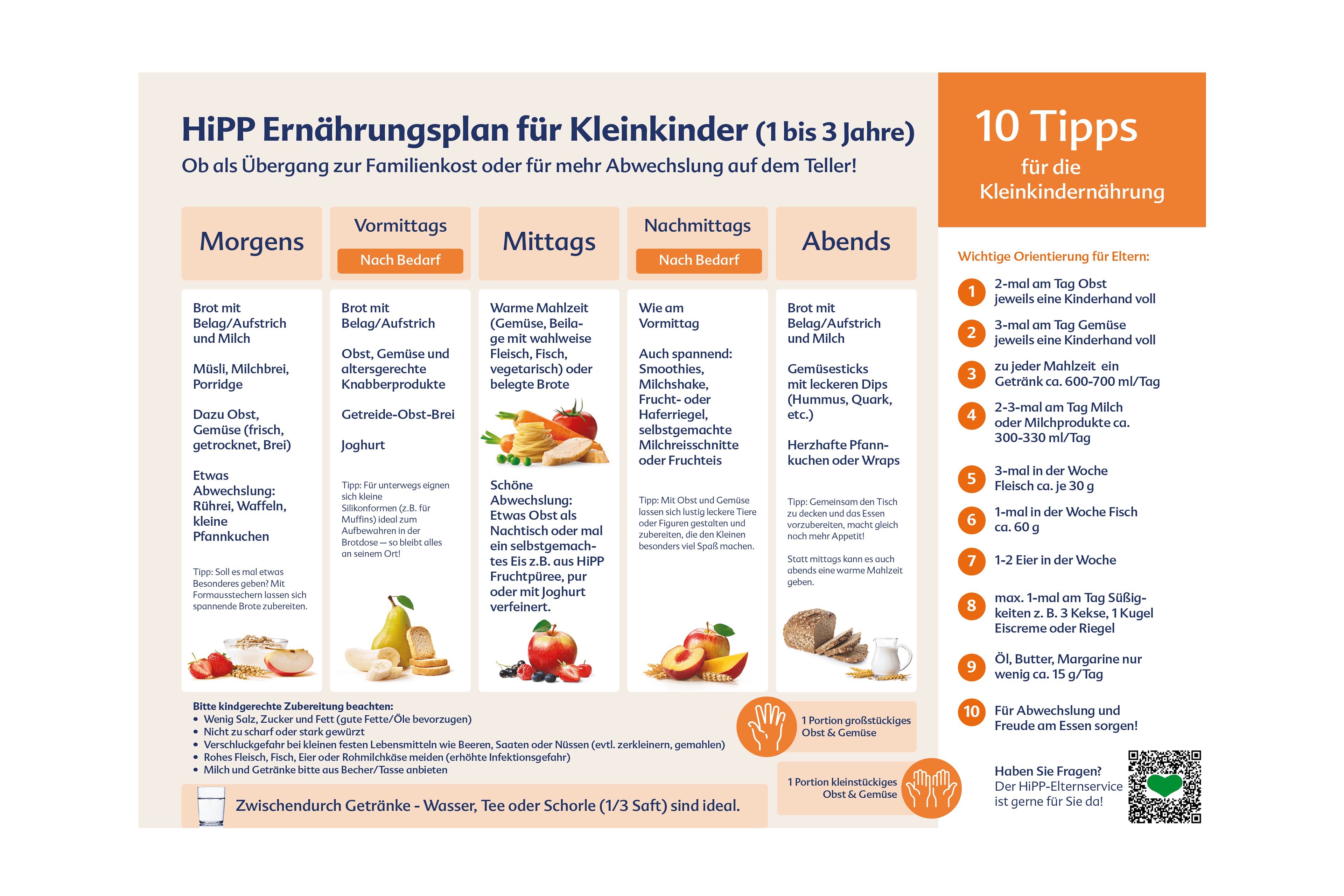 Das Bild enthält eine Liste mit 10 Tipps für eine gesunde Ernährung, die in Abschnitte wie "Morgens", "Vormittags", "Nachmittags" und "Abends" unterteilt sind. In jedem Abschnitt sind Lebensmittel und Getränke aufgeführt, die zu bestimmten Tageszeiten verzehrt werden sollten, zusammen mit einer kurzen Beschreibung ihrer Vorteile.