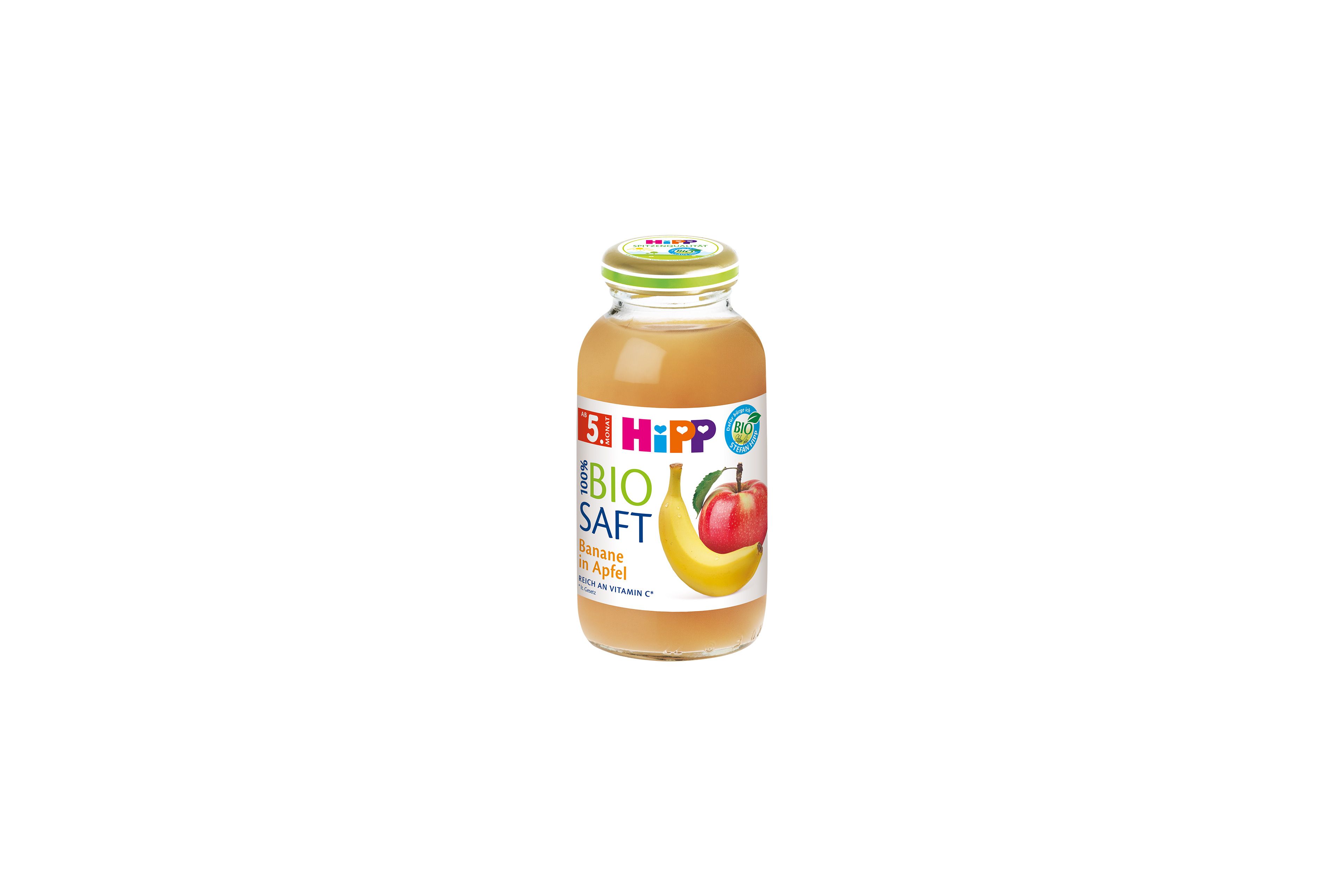 HiPP 100% Bio-Saft Banane in Apfel im Glas mit Etikett und Fruchtmotiven auf weißem Hintergrund