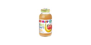 HiPP 100% Bio-Saft Banane in Apfel im Glas mit Etikett und Fruchtmotiven auf weißem Hintergrund