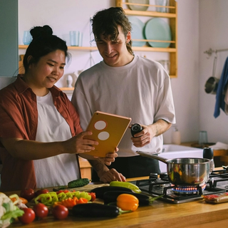 A couple that is cooking together