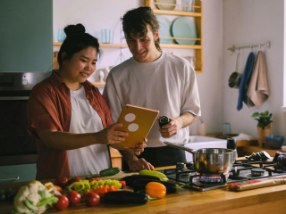 A couple that is cooking together