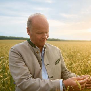 HiPP-Landwirt prüft bei Sonnenuntergang Getreideähren auf einem Bio-Feld.