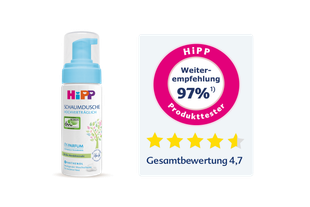 HiPP Öl-Balsam-Tube mit Siegel und Infografik mit fünf Sternen, dem Text 'HiPP Weiterempfehlung 98%¹ Produktester' und 'Gesamtbewertung 4,7'.