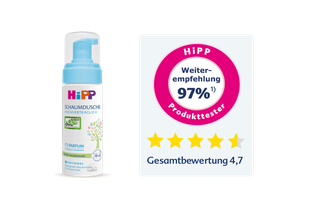 HiPP Öl-Balsam-Tube mit Siegel und Infografik mit fünf Sternen, dem Text 'HiPP Weiterempfehlung 98%¹ Produktester' und 'Gesamtbewertung 4,7'.