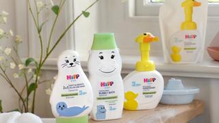 HiPP Baby Care range on a shelf above a bath