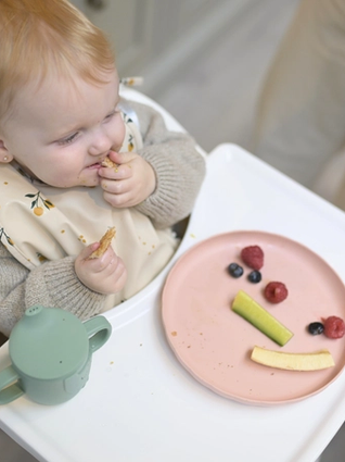 Baby eating toast and fruit in a highchair