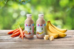 HiPP Sondennahrung Flaschen mit Karotte und Banane auf Holztisch, umgeben von frischem Gemüse und Obst, vor grünem Naturhintergrund