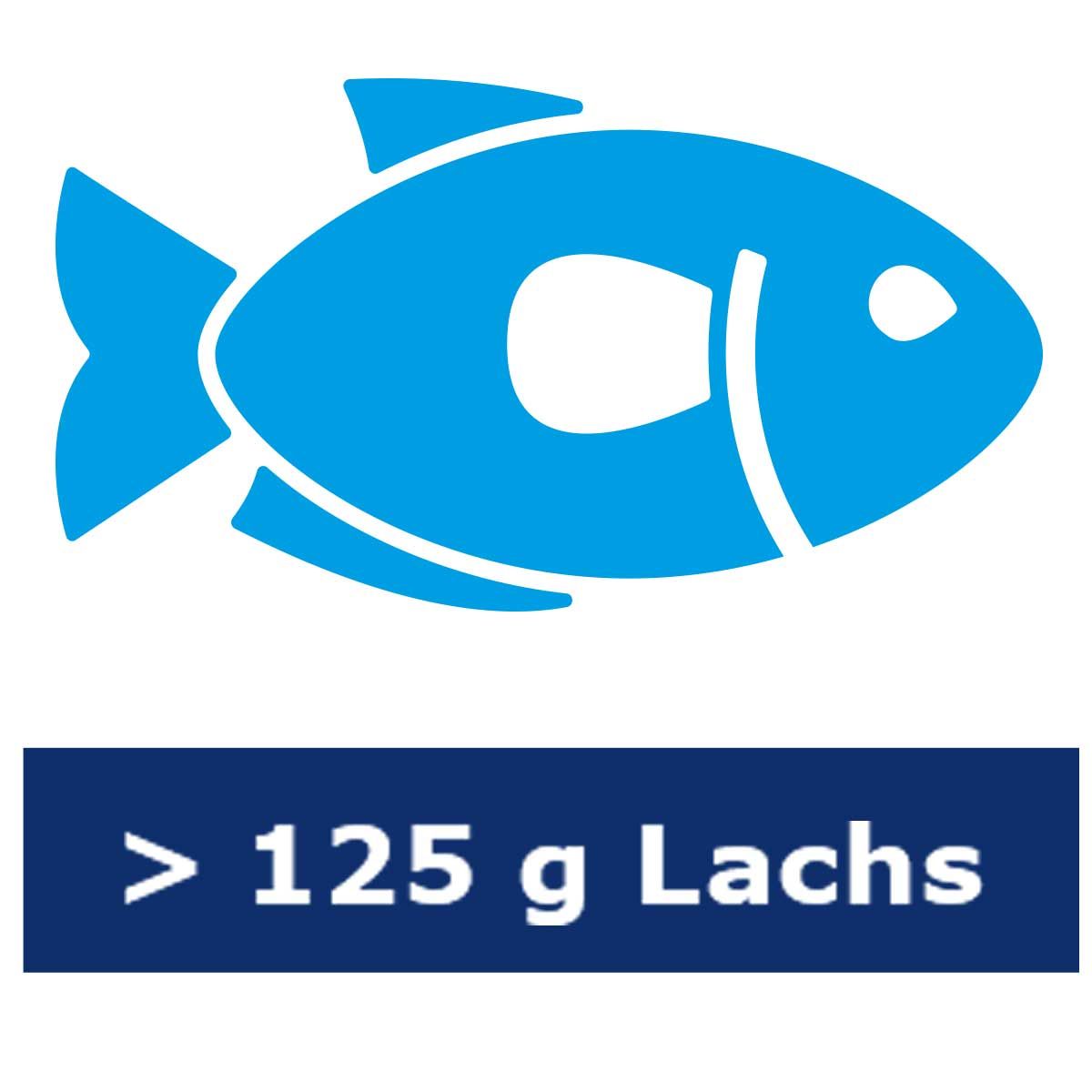 Stilisierte Fischgrafik über dem Schriftzug '> 125 g Lachs'