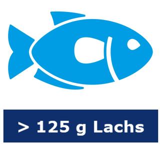 Stilisierte Fischgrafik über dem Schriftzug '> 125 g Lachs'