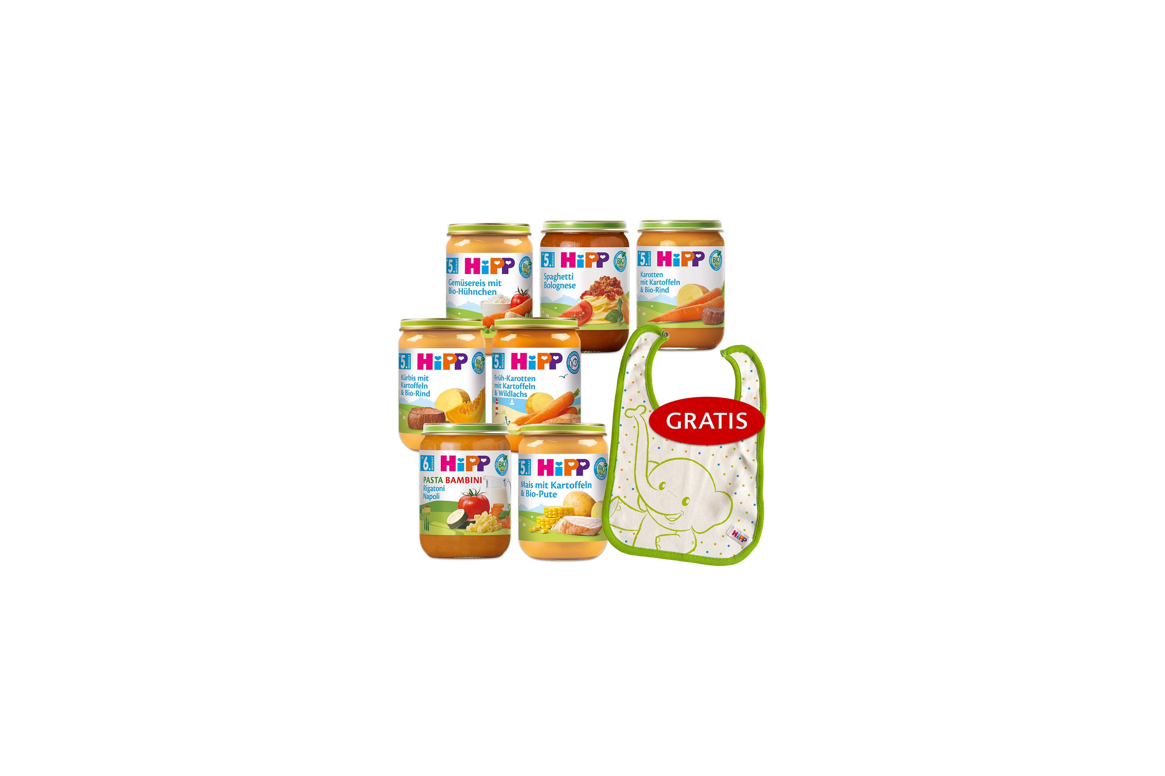 HiPP Beikost Wochenpaket mit sieben Menüs für den 5.–6. Monat und gratis Lätzchen mit Elefantenmotiv