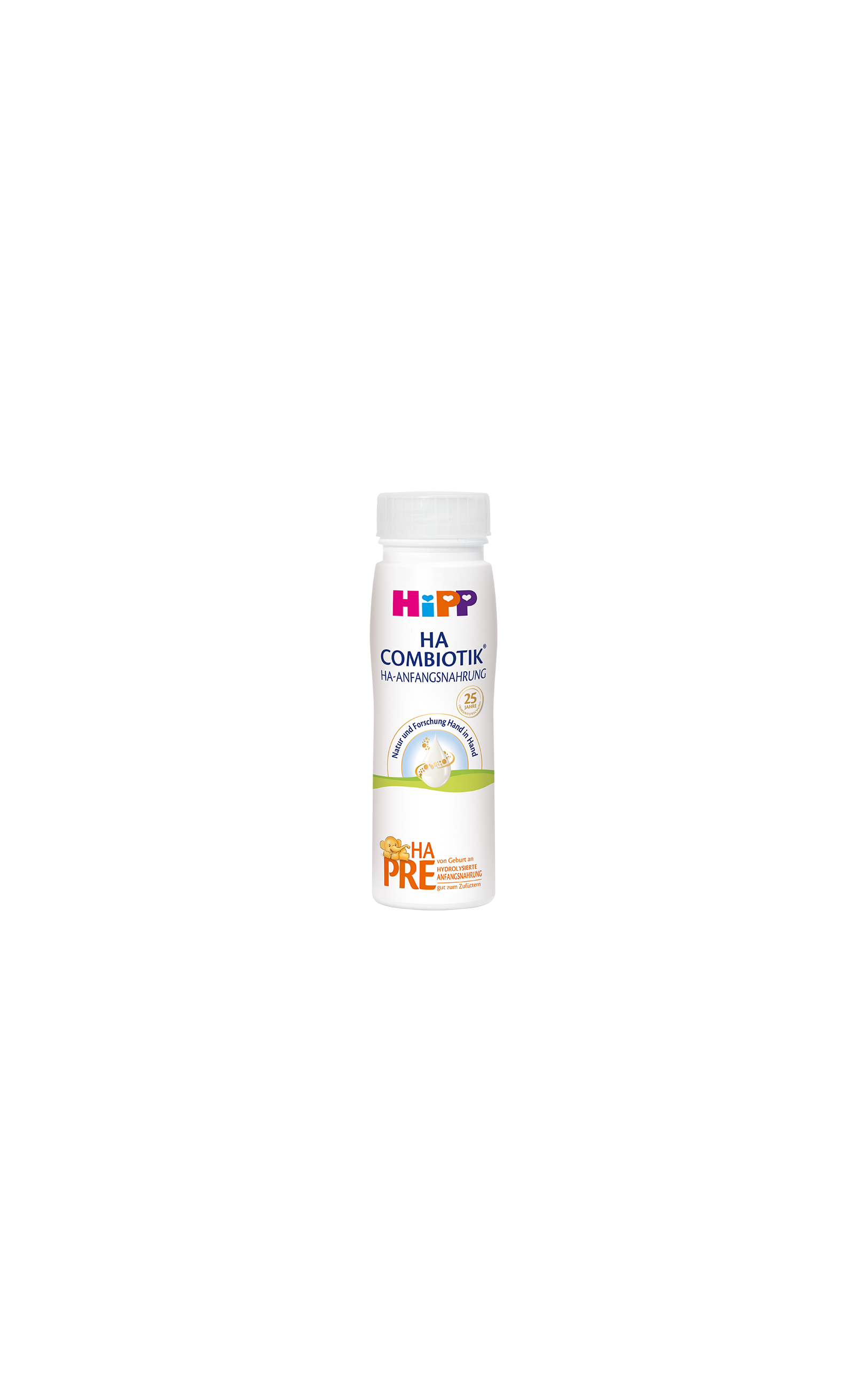 HiPP PRE HA COMBIOTIK® trinkfertige 200ml Flasche HA-Anfangsnahrung auf weißem Hintergrund, frontal freigestellt
