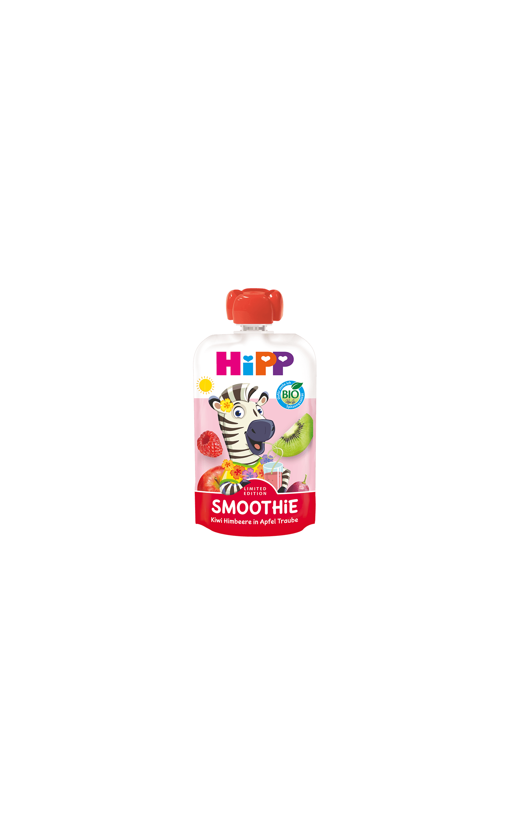 HiPP Bio Smoothie Quetschbeutel Kiwi Himbeere in Apfel Traube mit Zebra-Motiv auf rosa Hintergrund