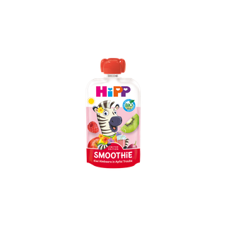 HiPP Bio Smoothie Quetschbeutel Kiwi Himbeere in Apfel Traube mit Zebra-Motiv auf rosa Hintergrund