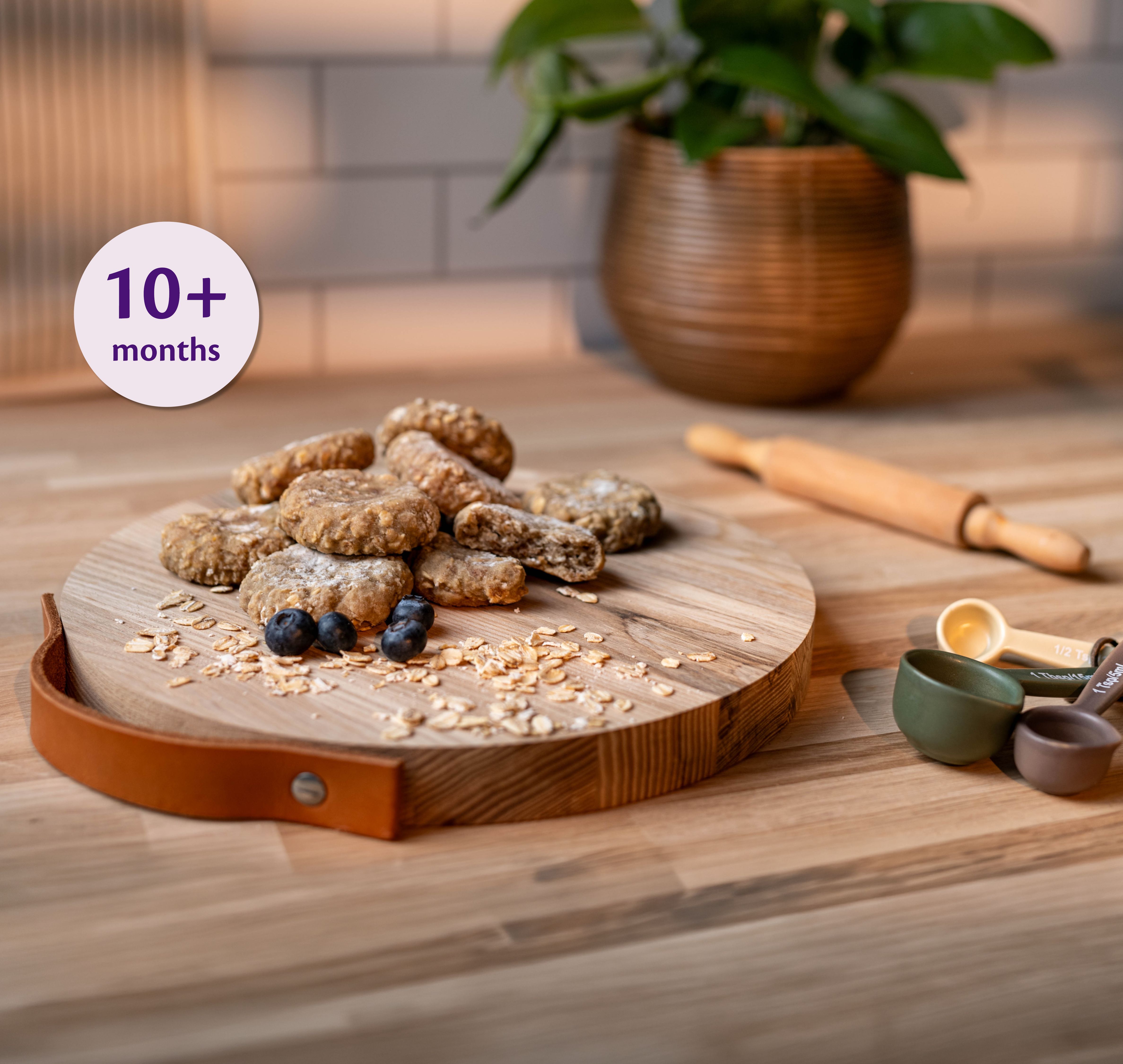 Banana & Blueberry Chewy Biscuits served on a bamboo plate