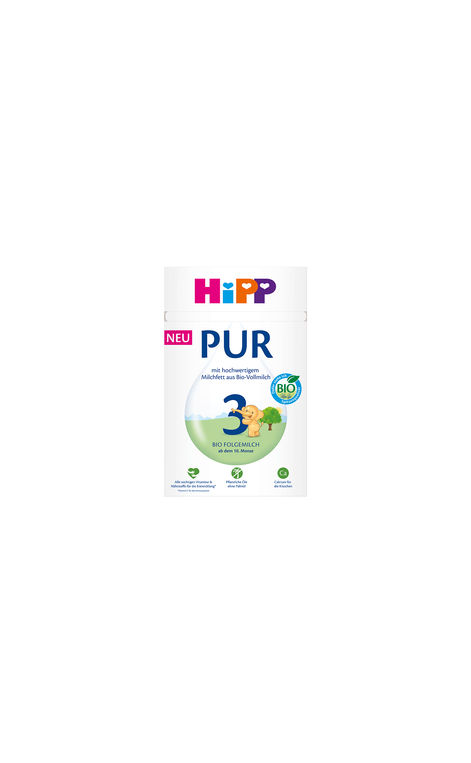 HiPP PUR 3 Bio Folgemilch Packung, ab dem 10. Monat, mit Bio-Vollmilchfett und kindlicher Tierillustration auf weiß-grünem Design