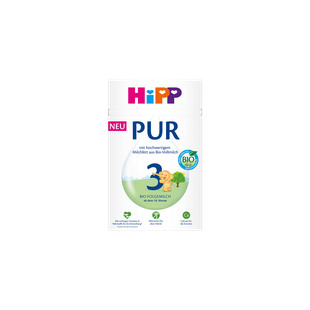 HiPP PUR 3 Bio Folgemilch Packung, ab dem 10. Monat, mit Bio-Vollmilchfett und kindlicher Tierillustration auf weiß-grünem Design