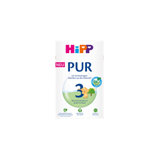HiPP 3 PUR Bio-Folgemilch Packung für Babys ab dem 10. Monat auf schwarzem Hintergrund, Vorderseite mit Bio-Siegel