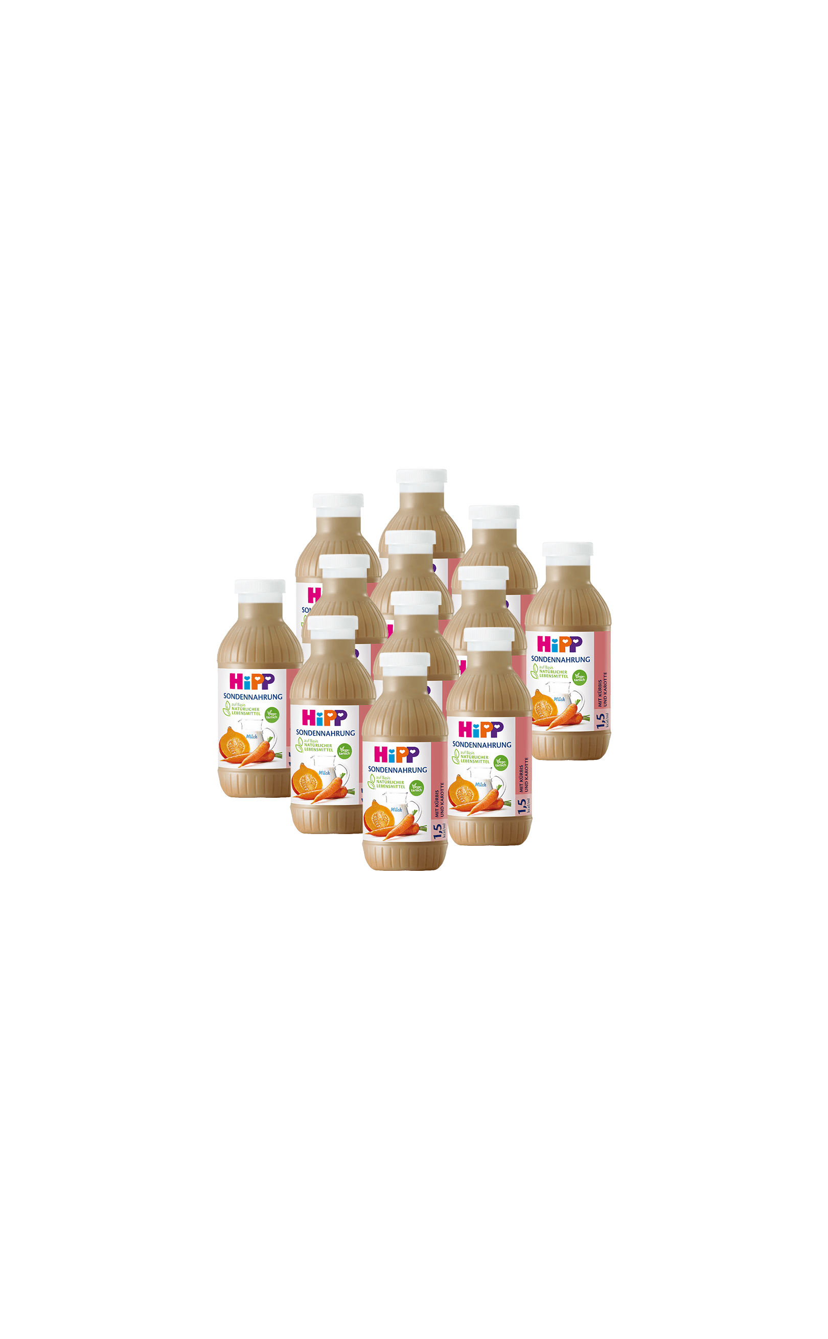 12x500ml HiPP Sondennahrung Fläschchen mit Karottenmotiv, als praktischer Vorratspack vor schwarzem Hintergrund angeordnet