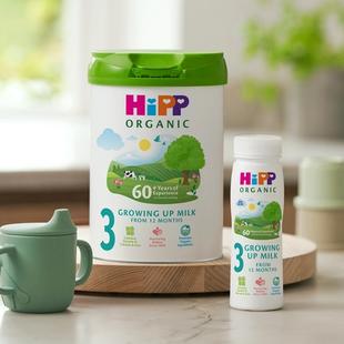 HiPP Organic growing up milk tub and ready-to-feed bottle on a kitchen counter beside a green toddler beaker