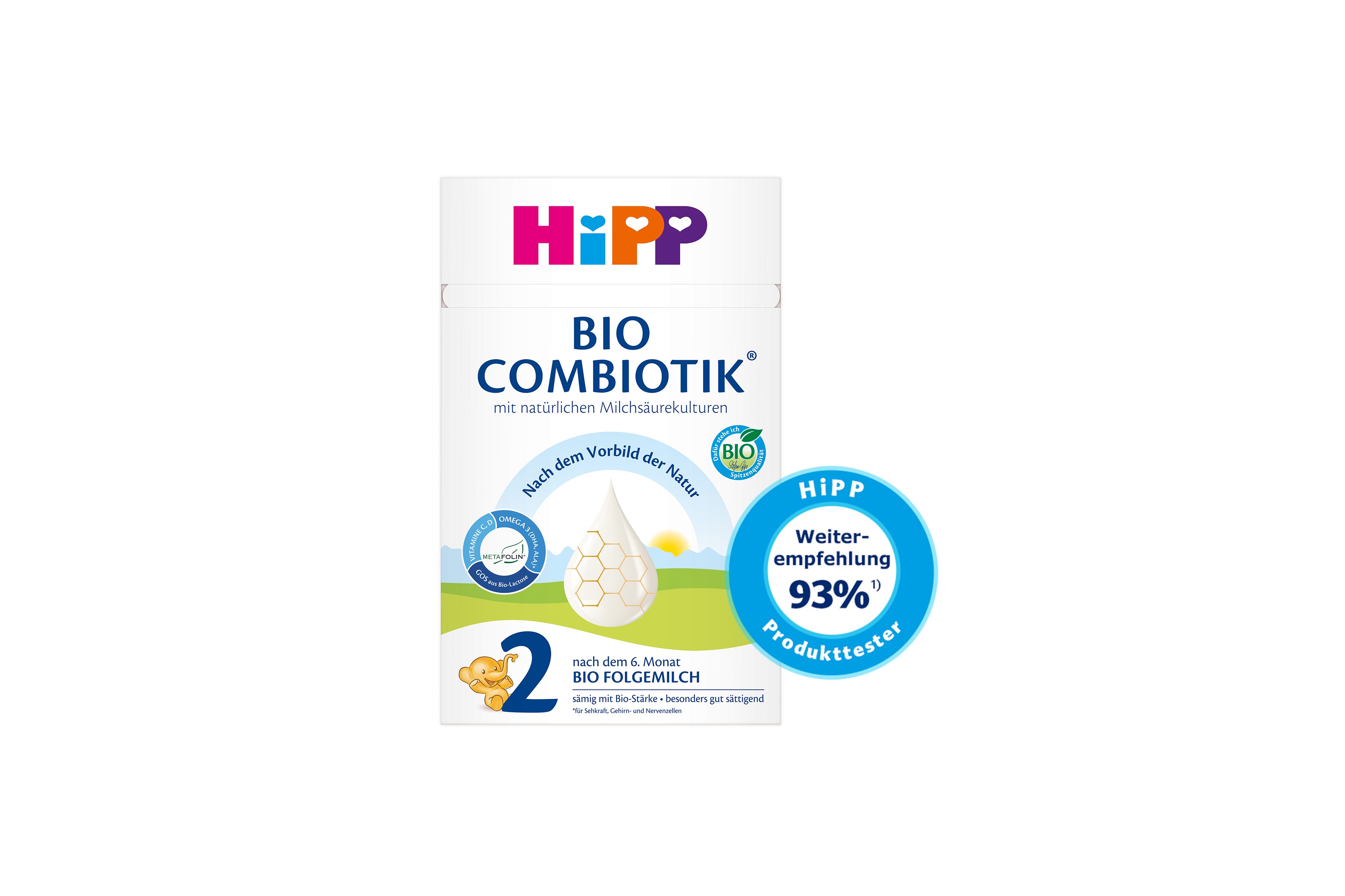 HiPP 2 BIO COMBIOTIK® Packung mit Bio- und Metafolin®-Siegeln und blauem Siegel „HiPP Produkttester – Weiterempfehlung 93 %“.