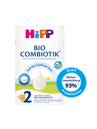 HiPP 2 BIO COMBIOTIK® Packung mit Bio- und Metafolin®-Siegeln und blauem Siegel „HiPP Produkttester – Weiterempfehlung 93 %“.
