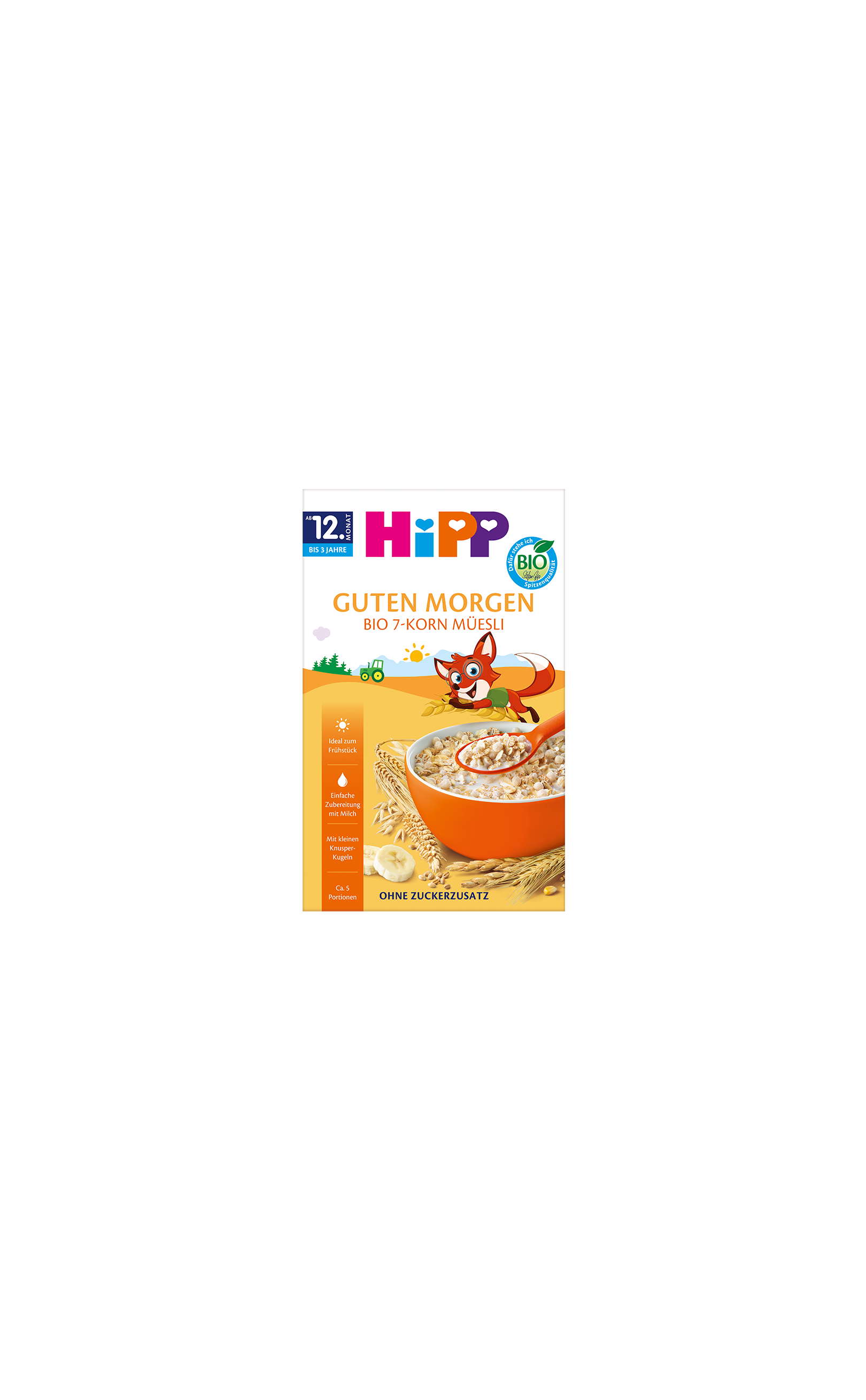 HiPP Guten Morgen Bio 7-Korn-Müesli Packung mit orangener Müslischale und kindlichem Fuchs-Motiv für Kleinkinder ab 1 Jahr