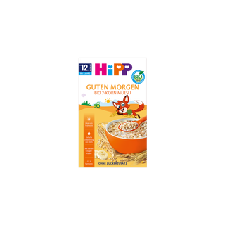 HiPP Guten Morgen Bio 7-Korn-Müesli Packung mit orangener Müslischale und kindlichem Fuchs-Motiv für Kleinkinder ab 1 Jahr