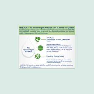 Infografik mit Text zu HiPP PUR Milchfett, Vitaminen, Nährstoffen, Lactosegehalt und pflanzlichem Öl ohne Palmöl