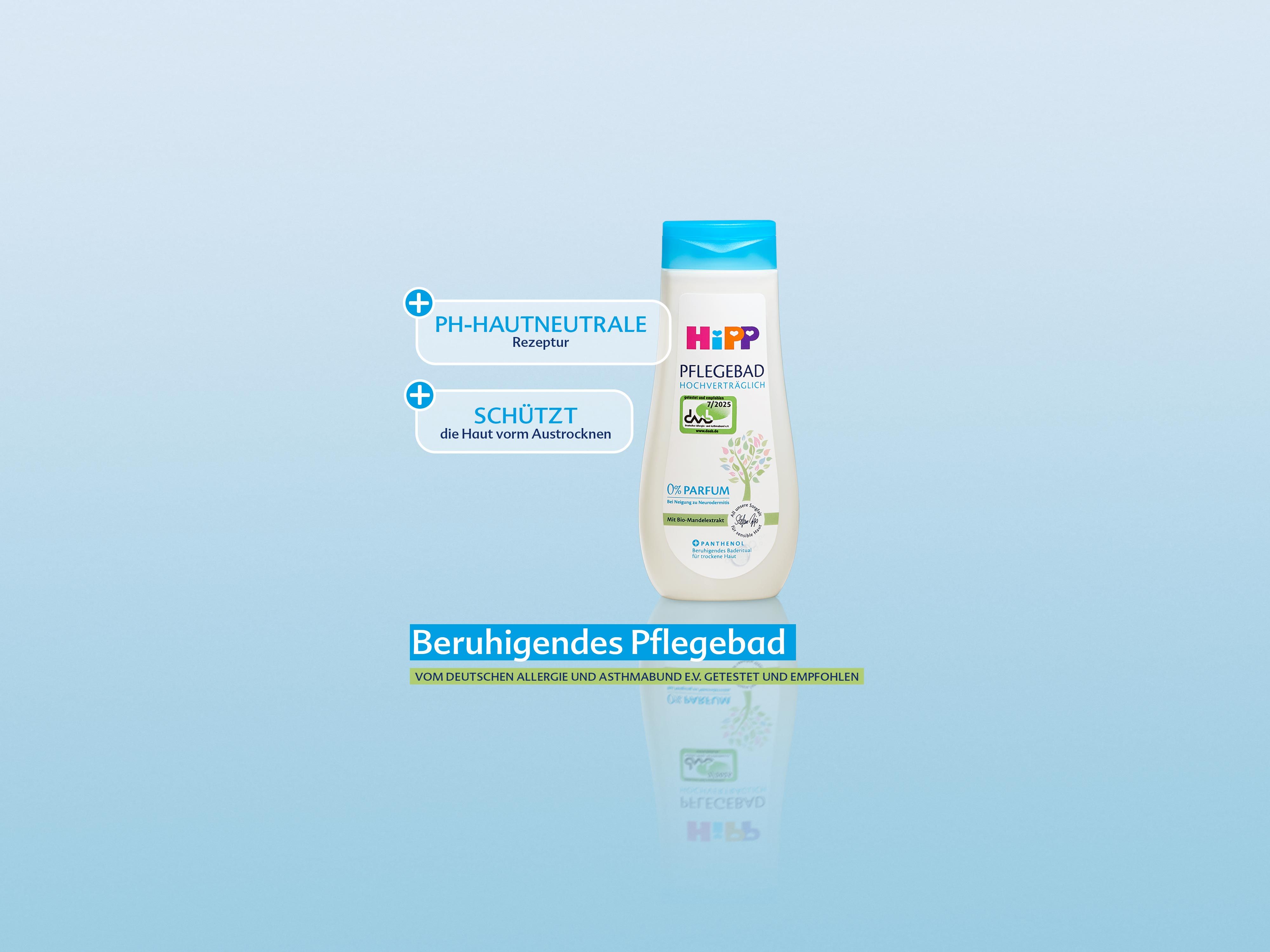 Flasche mit Pflegebad neben Text zu pH-hautneutraler Formel und beruhigendem Pflegebad