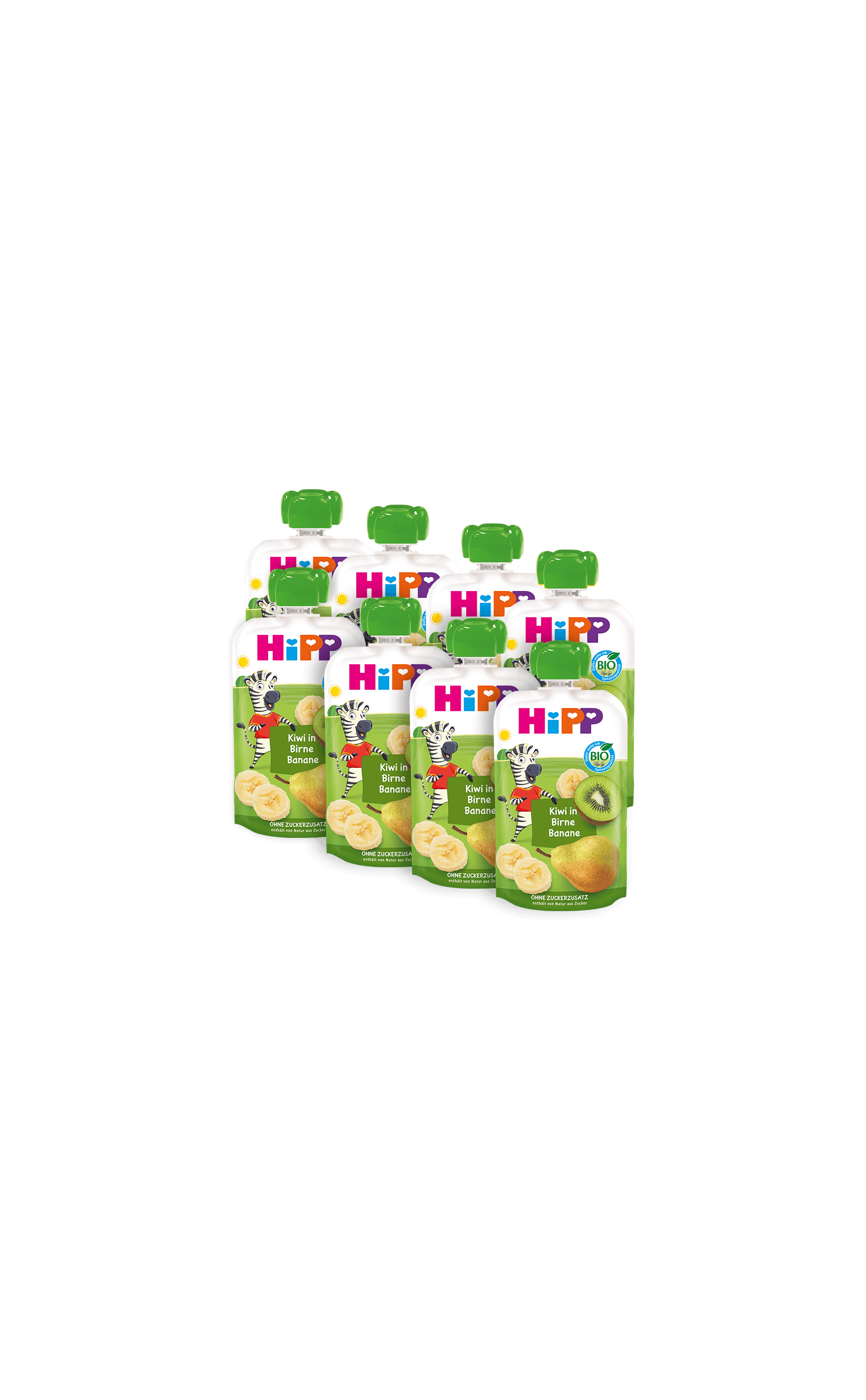 Acht HiPP Bio-Quetschbeutel Kiwi-Birne-Banane à 100 g im Vorratspack, grüne Beutel mit Zebra-Motiv