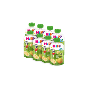 Acht HiPP Bio-Quetschbeutel Kiwi-Birne-Banane à 100 g im Vorratspack, grüne Beutel mit Zebra-Motiv