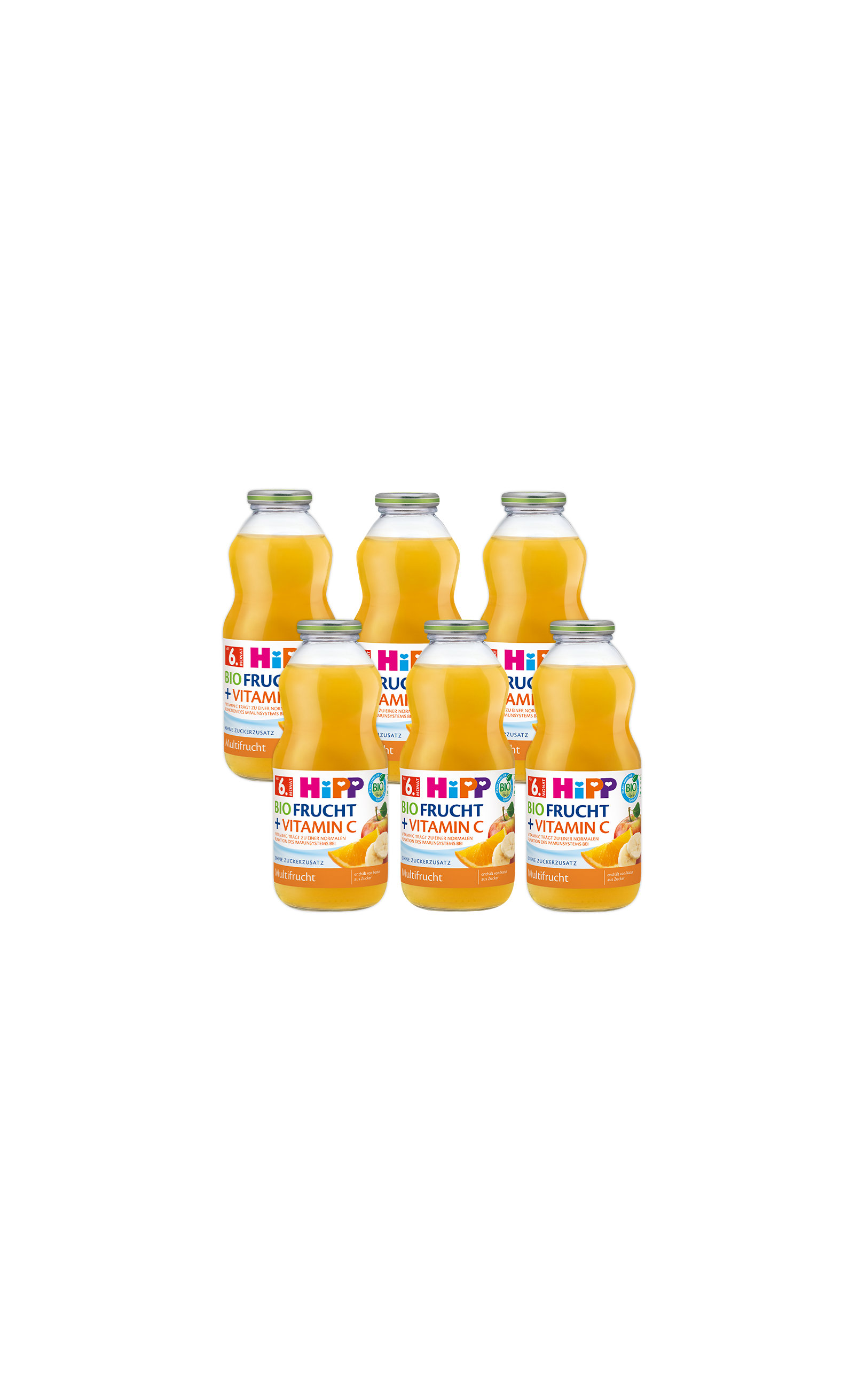 Sechserpack HiPP Bio Frucht + Vitamin C Multifrucht Saftflaschen à 500 ml vor schwarzem Hintergrund