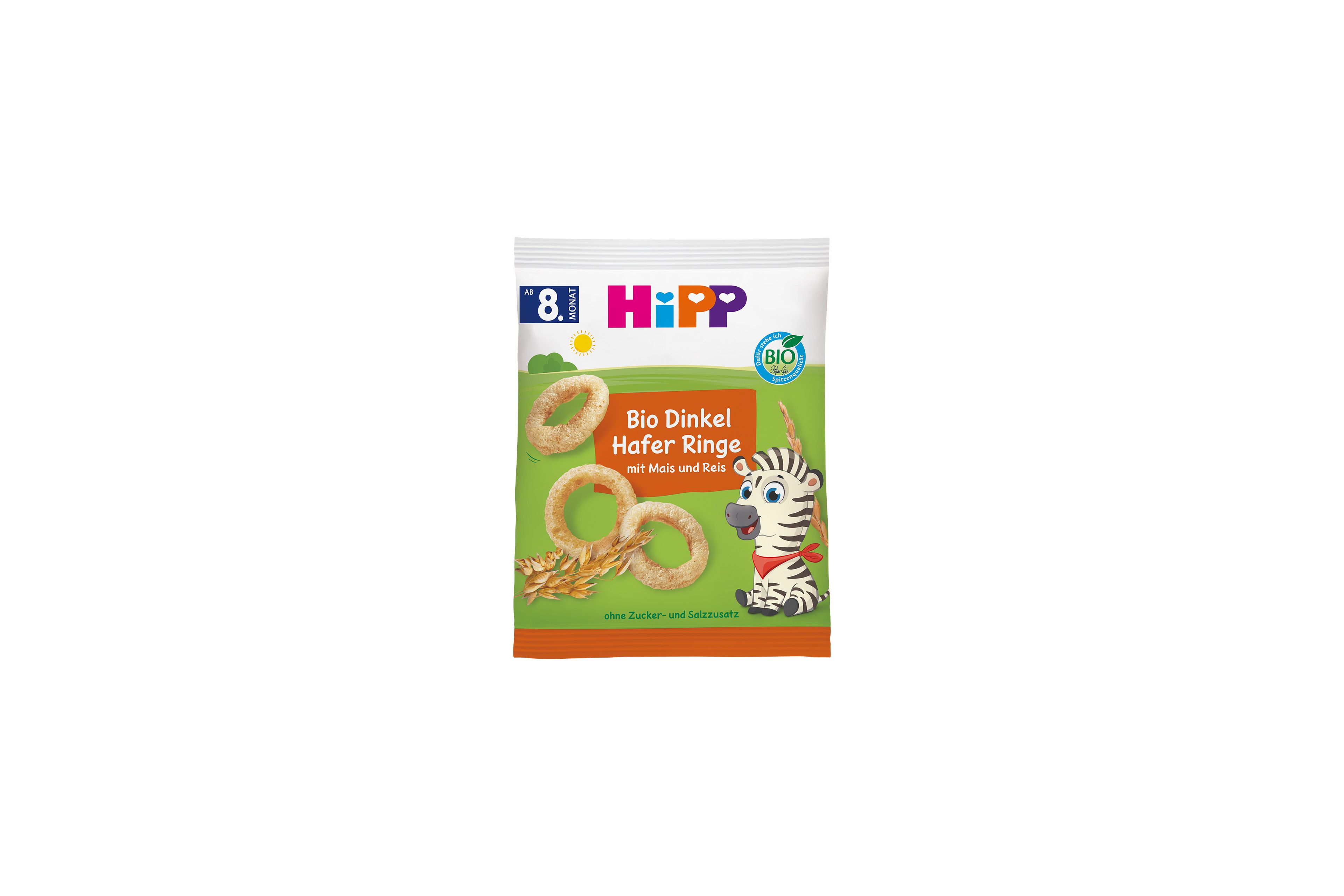 HiPP Bio Dinkel-Hafer Ringe Snackpackung mit Getreideringen und Zebra-Illustration für Babys ab 8. Monat