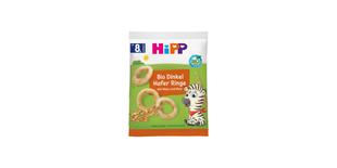 HiPP Bio Dinkel-Hafer Ringe Snackpackung mit Getreideringen und Zebra-Illustration für Babys ab 8. Monat