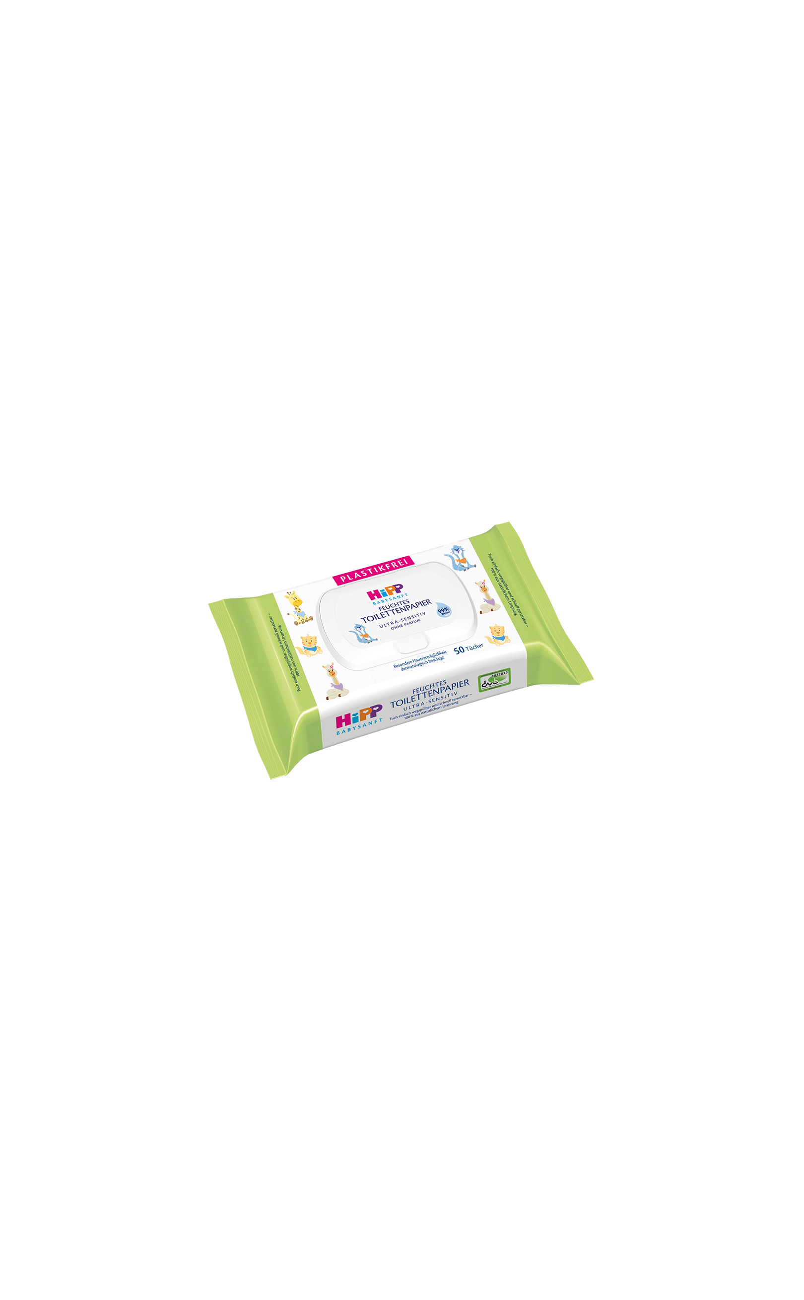 HiPP Feuchtes Toilettenpapier in grüner, plastikfreier 50er-Packung mit Pop-up-Deckel für sensible Kinderhaut