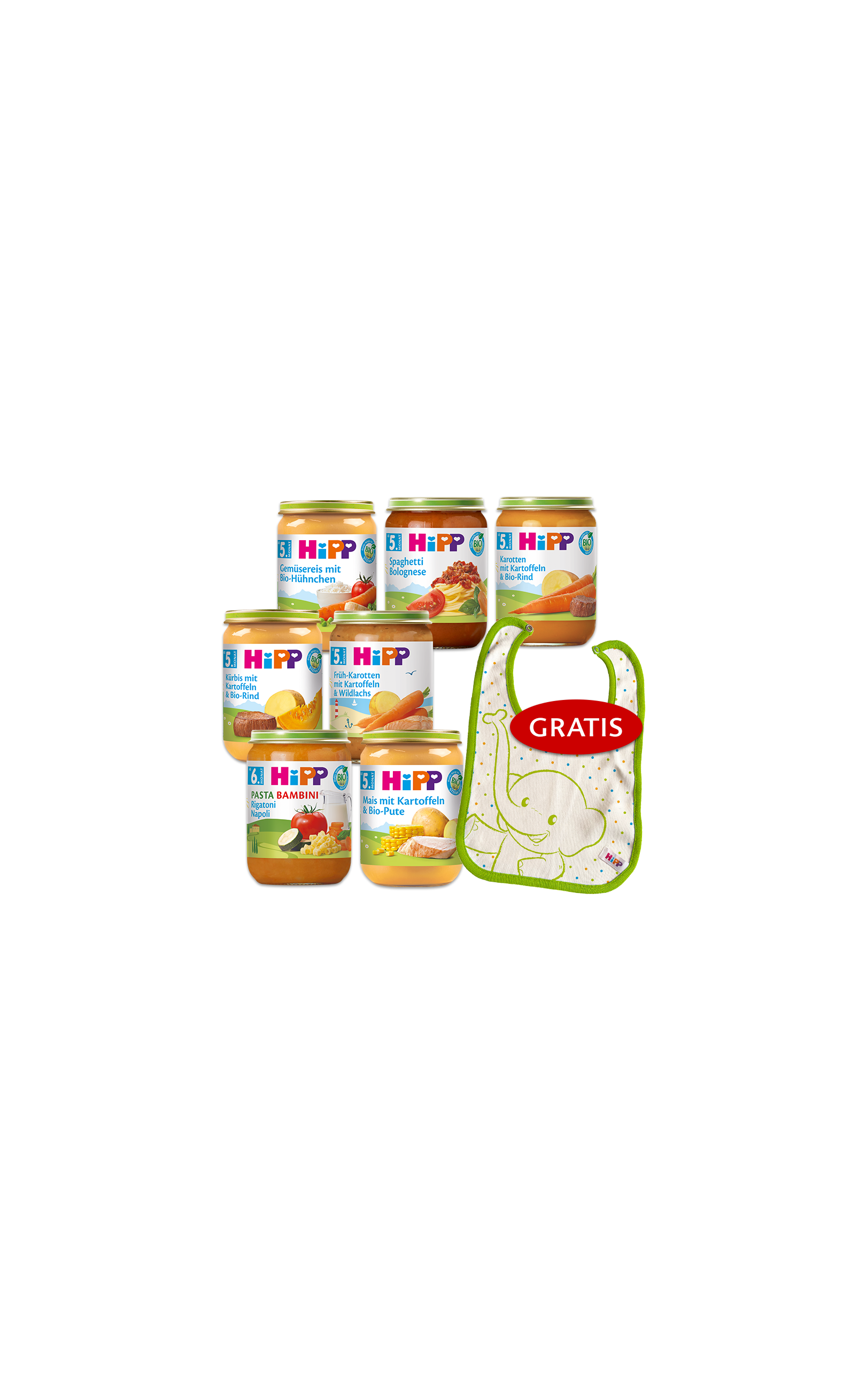 HiPP Bio Babygläschen-Set mit verschiedenen herzhaften Menüs und gratis Lätzchen mit Elefantenmotiv auf schwarzem Hintergrund